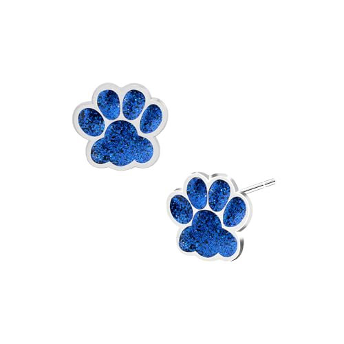 Dreuyet Paw Print Stud Earrings for Women Cute Glitter Cat Dog Puppy Animal Footprint Earring Hypoallergenic Jewelry Birthday Gifts (Silver Blue)