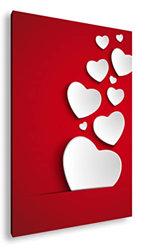 deyoli Tarjeta de color rojo rubí con corazones blancos, formato: 75 x 50 cm como lienzo, diseño listo enmarcado en marco de madera auténtica, impresión digital de alta calidad con marco