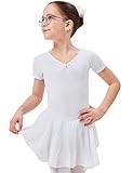 tanzmuster ® Ballettkleid Mädchen Kurzarm - Betty - aus Baumwolle mit Glitzersteinen und Chiffon Röckchen in weiß, Größe:152/158