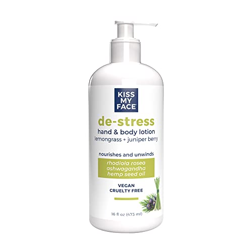 Kiss My Face De-Stress Hand & Body Lotion - Lemongrass + Juniper Berry - Soothing Rhodiola Rosea - With Hemp Seed Oil & Ashwagandha - Vegan & Cruelty-Free - 16 Fl Oz Bottle #TOP27