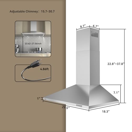 Image of Hermitlux 30 inch Range Hood, Stainless Steel Wall Mount Kitchen Vent Hoods