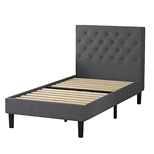 Catrimown Twin Bed Frame With Upholstered Button Tufted Headboard, Linen Fabric Platform Bed Frame With Strong Wooden Slat Support, Mattress Foundation, No Box Spring Needed, Easy Assembly, Dark Grey #TOP7