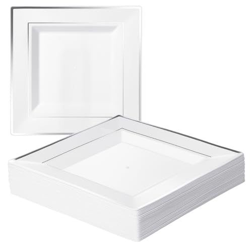 MATANA 20 Assiettes Carrées en Plastique Blanches avec Bord Argenté, 24cm - Solides et Réutilisables - pour Anniversaires, Mariages, Baptêmes, Noël, Fêtes
