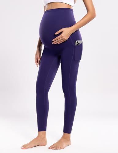 POSHDIVAH Women's Maternity Workout Leggings with Pockets Over The Belly Pregnancy Soft Athletic Work Yoga Pants Navy Blue Medium — view 4