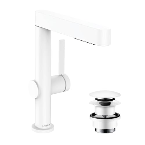 hansgrohe Waschtischarmatur Finoris, Wasserhahn Bad mit Auslauf Höhe 230 mm, mit Push-Open Ablaufgarnitur, Badarmatur wassersparend, Mattweiß