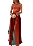 FeMereina Vestido largo de tubo sin tirantes para mujer con diseño de tie-dye, frente con torsión, abertura y pliegues, elegante vestido de malla con gradiente, beige, S