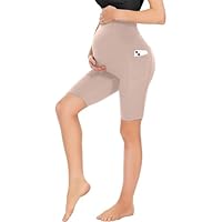 Risipu Mutterschaft Shorts für Frauen über den Bauch Schwangerschaft Biker Shorts Workout aktiv Laufen Yoga Kurze Hosen mit Taschen (DE/NL/SE/PL, Alphanumerisch, XL, Regular, Regular, Beige)