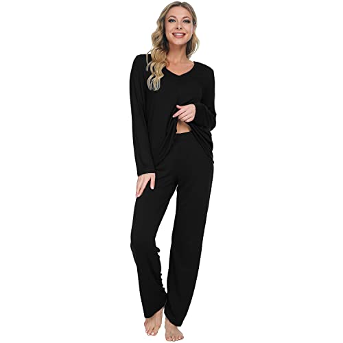 Mnemo Schlafanzug für Damen Weich Gestricktes Schlafanzug Damen lang sexy mit V-Ausschnitt und Exquisitem Gewelltem Saum 2 Stück Slim Fit Frauen Gemütliche Nachtwäsche Schwarz Gr.M/40 EU