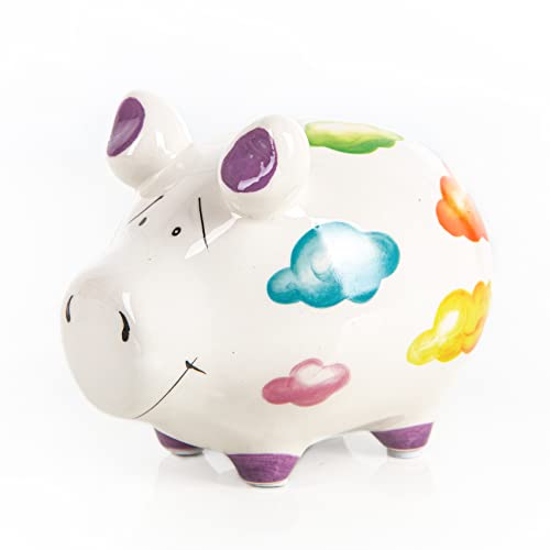 Logbuch-Verlag Hucha Cerdito cerámica Blanco con Nubes de Colores 12,5 x 9 cm - Hucha Cerdito Colorido - Hucha Bonita para Regalo