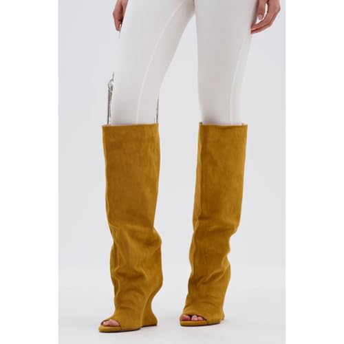 Kluolandi Women's Wedge Heel Knee High Boots Sexy Peep Toe Slouchy Suede Boots Wide Calf Tall Knee High Boots for Women2