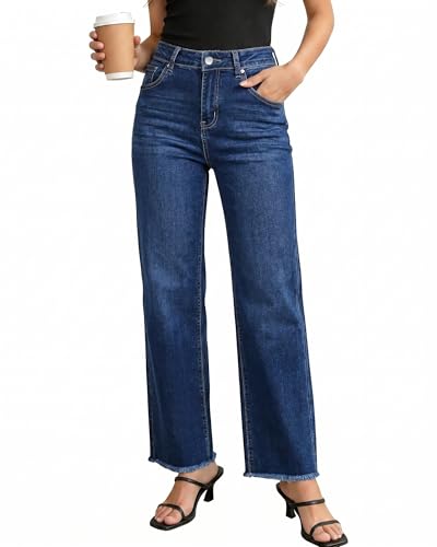 Image of GRAPENT Straight Leg Jeans for Women High Waisted Stretchy Frayed Raw Hem Loose Denim Pants Casual Baggy Jean Trousers