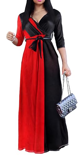 pnpednde Women's Plus Size Maxi Red Black Splice Print Long Casual Summer Sundress V-Neck 3/4 Sleeve with Belt Floral 182 X-Largel