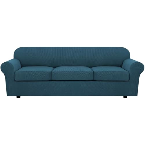 H.VERSAILTEX 4 Piece Stretch Sofa Covers for 3 Cushion Couch Covers for Living Room Furniture Slipcovers (Base Cover Plus 3 Seat Cushion Covers) Thicker Jacquard Fabric (Large Sofa, Deep Teal)
