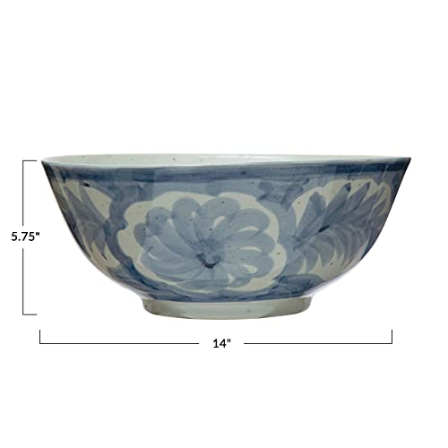 Image of Creative Co-Op Hand Painted Stoneware Bowl with Floral Design, Blue and White