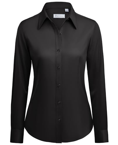 siliteelon Button Down Shirts for Women: Wrinkle Free Long Sleeve Classic Fit Collared Dress Shirt Solid Formal Office Black S