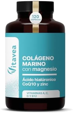Colágeno Marino Hidrolizado Tipo I y III + Magnesio + Ácido Hialurónico + Coenzima Q10-120 Cápsulas - Articulaciones, Huesos y Piel Radiante - Con Vitaminas A, C, D3, B12 y Zinc - Vitavea