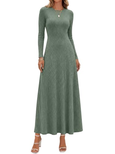 ANRABESS Womens Long Sleeve Ribbed Knit Fall Casual Maxi Dress,Green,S