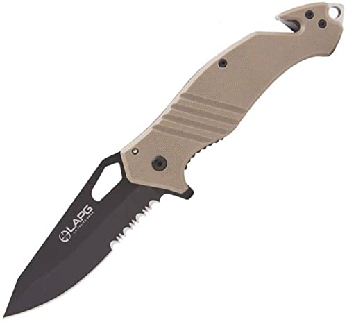LA Police Gear Rescue EDC Folding Survival Assisted Knife, Tactical Pocket Knife, EDC Seatblet Cutter Knife - Black Serrated Drop Point Blade/Tan Handle