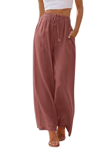 LILLUSORY Linen Wide Leg Pants Womens Palazzo Flowy Beach Vacation 2025 Summer Spring Fashion Outfits Clothes Clothing Trendy Skirt Cruise High Waisted Bohemian Travel Trousers with Pockets Brick Red