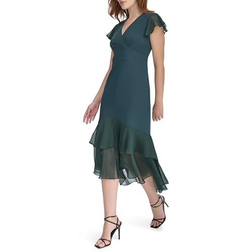 Image of Tommy Hilfiger Women's Flutter Sleeve V-Neck Ruffle Trim Hi-Lo Midi Dress