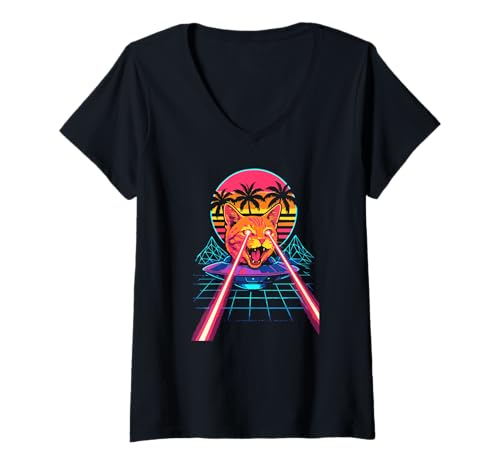 Mujer Laser Cat Eyes UFO Divertido Amante de los Gatos de los 80 Camiseta Cuello V