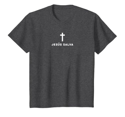 Jesus Saves Minimal Christian Spanish Language T-Shirt, Youth, Dark Heather Grey, Large