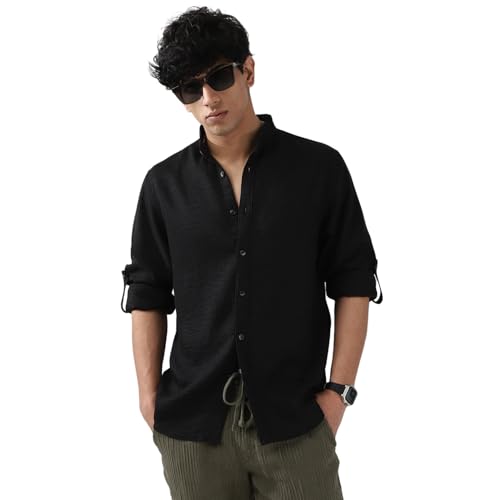 Image of Urbano Fashion Men's Linen Blend Full Sleeve Relaxed Fit Mandarin Collar Casual Solid Shirt