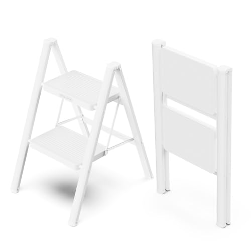 WOA WOA 2 Step Ladder, Folding Step Stool with Broad Pedals, Compact Stepping Stool, Sturdy Steel Ladders for Home with Anti-Slip Feet, Supports up to 330 lbs – White
