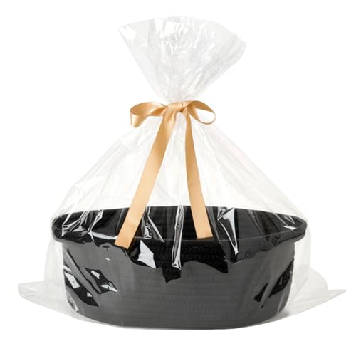 Image of 2-Pack Small Woven Gift Baskets Empty with Bags & Ribbons - Gifts for Father's Day, Baby Shower, Birthdays & Raffle - Cotton Rope Storage Basket for Dog Toys or Shelf - 12 inchx8 inchx5 inch, All Black