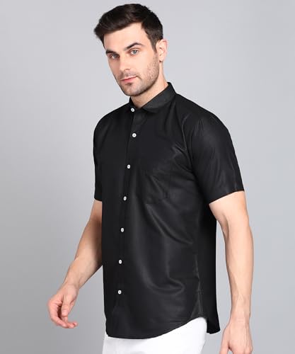 Image of MILDIN Men's Cotton Blend Solid Shirt with Spread Collared Half Sleeve Curved Hemline Button Closure Regular Fit and One Pocket | Half Sleeve Shirt for Men