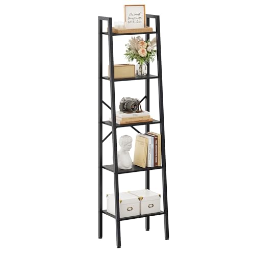 Hoctieon 5-Tier Industrial Ladder Bookshelf, Narrow Ladder Shelf, Tall Standing Bookshelf, Skinny Open Ladder Shelf, for Living Room, Home Office, Kitchen, Bedroom, Metal Frame, Black