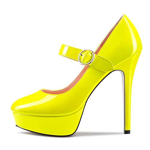 Aachcol Women Platform Pumps Mary Jane Close Round Toe Ankle Strap Stiletto High Heel Dress Shoes Pumps Party Wedding Patent 5 Inch2