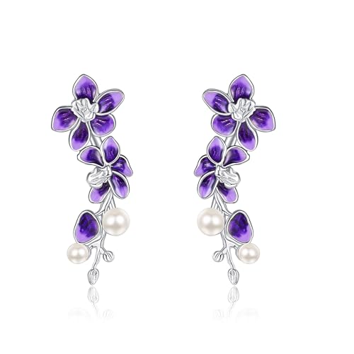 Pendientes de orquídea de plata de ley S925 con diseño de orquídea y flores, para mujer, standard, Plata de ley, Sin piedra preciosa