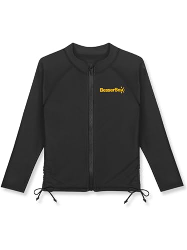 Image of BesserBay Big Girls Long Sleeve UPF 50+ Black Orange Ruched Side Surfing Shirt Zipper Quick-Dry Rashguard 13-14 Years