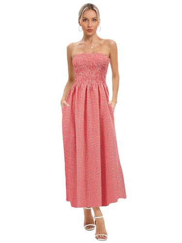 Image of Aigeman Women Strapless Tube Maxi Dress Flowy Swing Long Beach Sundress Sleeveless Boho Summer Dress with Pokets 330