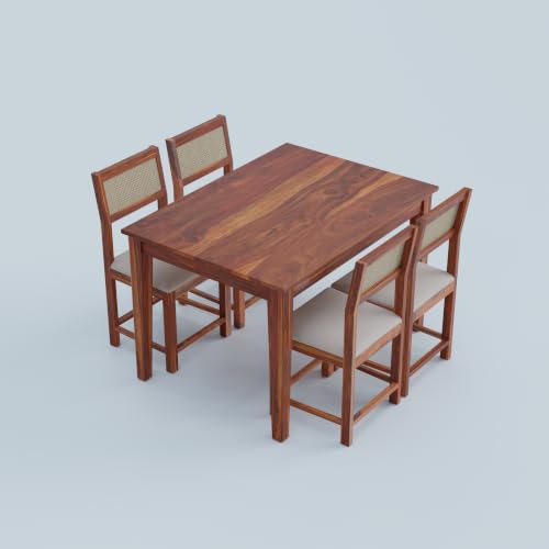 Image of DRIFTINGWOOD Amber Solid Sheesham Wood 4 Seater Dining Table Set with Rattan Back Chairs | Beige Velvet Cushioned Seating for Home & Dining Room (Honey Finish, DIY)