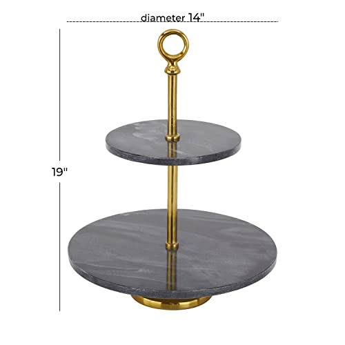 The Novogratz Marble 2 Tiered Tiered Server With Gold Post, 14" X 14" X 19", Black #TOP2