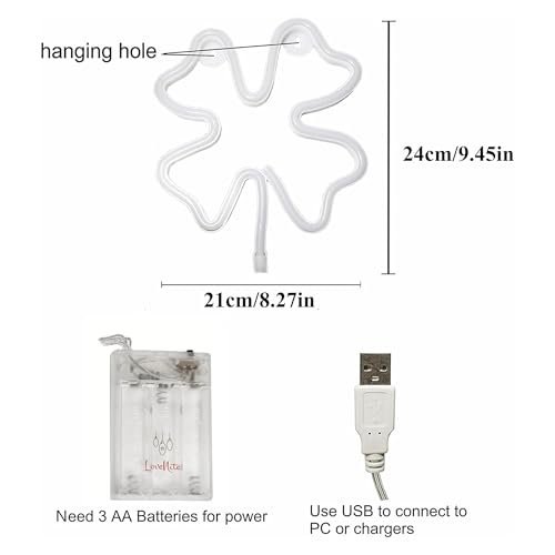 Image of Neon Sign Shamrock Shaped St. Patrick's Day Night Light, USB & Battery Operated Green Clover Glowing Decorative Irish Shamrock Light for Room Party Decorations