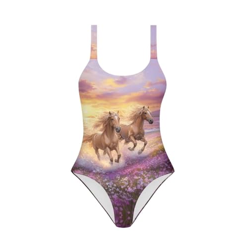 RMMRIYUE Running Horse Lavender One Piece Swimsuits for Teens Crewneck Elastic Casual Bathing Suit Push Up Summer Beach Holiday Swimwears Age 17-18 Years