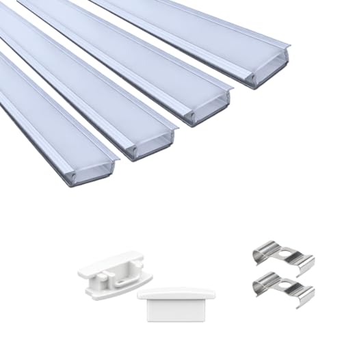 Image of Lighting 18x6mm LED Strip Lights 1 Meter Aluminium Rectangular Concealed Profile Light Channels with Diffused Cover, End Caps and Mounting Clips Without LED Straight Linear, (Pack of 4)