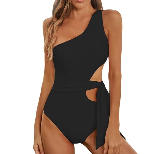2026 Trajes de baño para mujer, monokini de un solo hombro con recortes laterales para atar, Negro , S