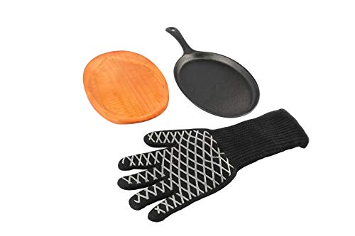 PitMaster King Pre-Seasoned Cast Iron Skillet Set with Wood Serving Tray and High Heat Gloves | BBQ Grill Accessories | Tools Set | Gifts for Men & Women