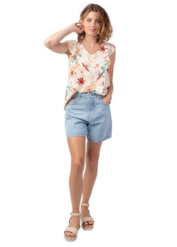 Top femme sans manches à volants au motif floral poétique