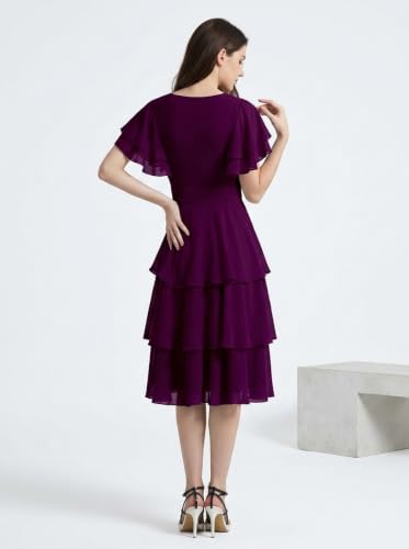 Image of Women Layered Georgette Fit & Flare Midi Dress | Round Neck Flutter Sleeve Knee Length Dress | Tiered Party Dress for Women Evening and Casual Styling