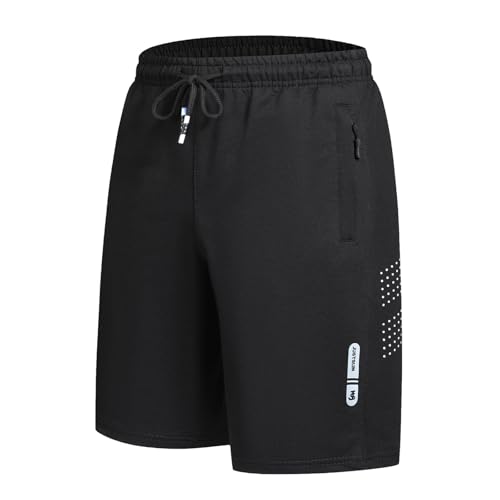 FizzPop Mens Shorts Casual Gym Athletic Workout Running Sweat Summer Cotton Drawstring Elastic Waist Stretch Shorts with Zipper Pockets Black S