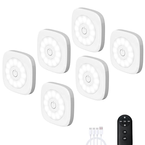 Rechargeable Mini Puck Lights with Remote Control, Ultra-thin Tap Light with Adjustable Brightness (10%-100%) & 3 CCT (3000K/4000K/6500K), Perfect for Hallway, Stairway, Closet(6 Pack, White)