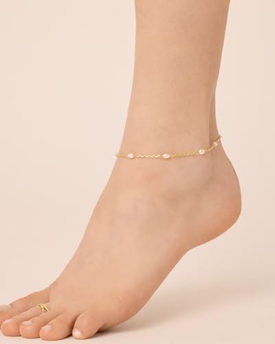 Image of PAVOI 14K Gold Plated Anklet for Women - Trendy Link Chain Ankle Bracelet Summer Jewelry - Boho Dainty Anklets with Cubic Zirconia, Beaded, Evil Eye, Star, Station, Pearls Adjustable Gold Jewelry