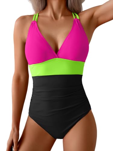 Women's One Piece Color Block Swimsuit Tummy Control Slimming Bathing Suit V Neck Cutout High Waisted Swimwear