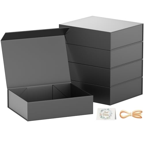 PSHVYM Gift Boxes with Lids, 11.5x7.8x3 In Black Gift Box for Presents Magnetic Closure for T-Shirts, Gloves, Scarves, Books, Baby Clothes, Clothing Gift Wrap, Contains Card, Ribbon (5PACK)