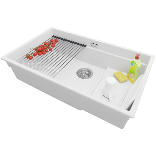 PRIMAGRAN Evier Cuisine en Granit Blanc 76x47cm, Lavabo 1 bac + Kit de Vidage + Égouttoir Enroulable, Évier à Encastrer al mueble 80cm - Prague Slim S604